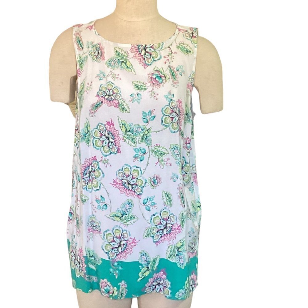 J.‎ Jill Sz M Sleeveless Breezy Floral Tunic Tank Top Contrast Hem Border 108i